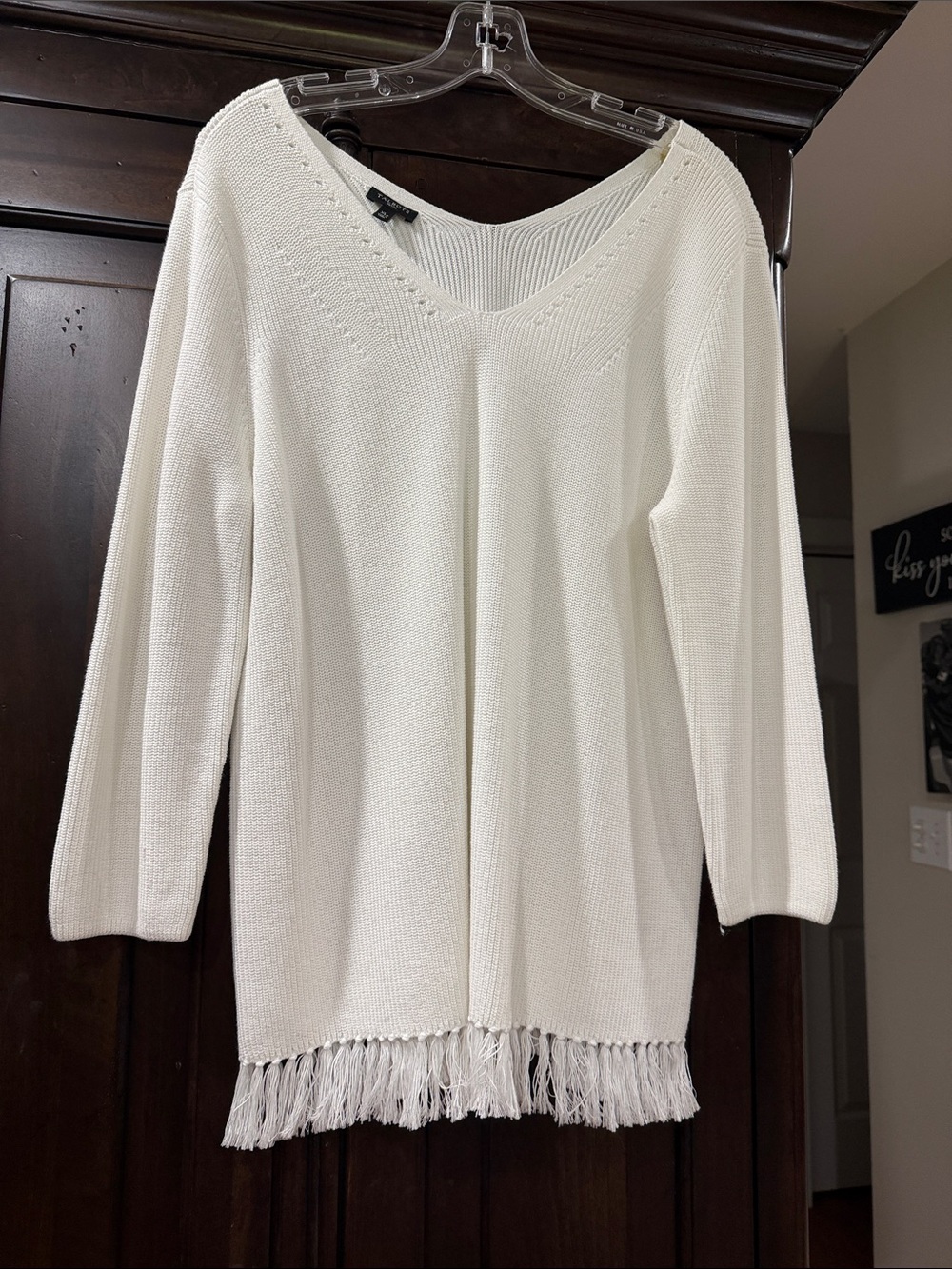 Talbots Cream V-Neck Fringe Hem Sweater